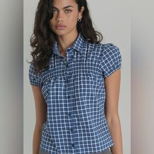 Motel Rocks Ulsan Fitted Shirt In Navy Tartan Poplin Blue Blouse